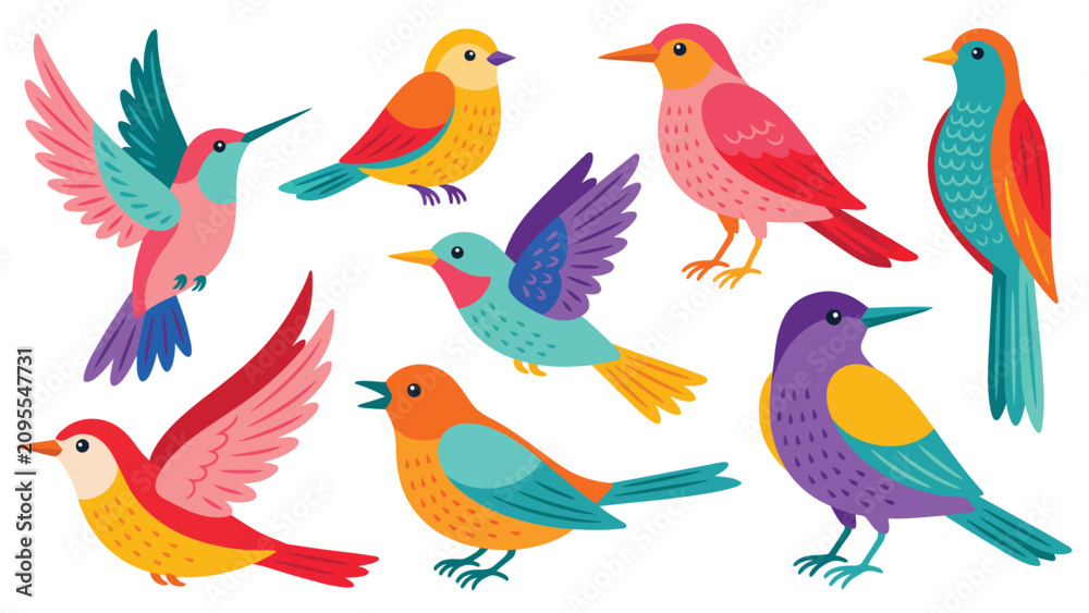 Fototapeta premium Colorful Tropical Birds Collection Flat Vector Illustration