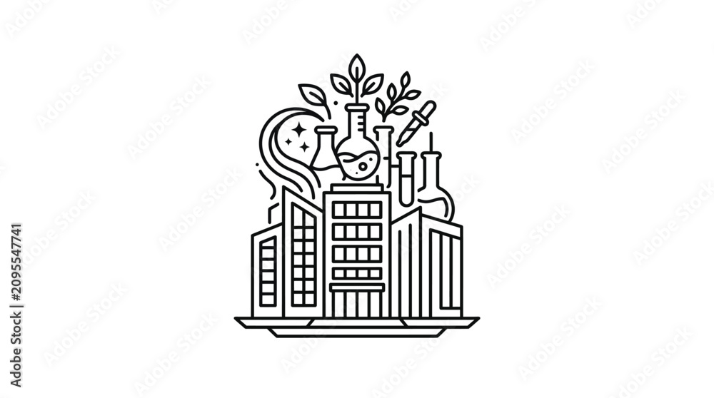 Fototapeta premium Industrial Black and White Line Art Featuring Lab Equipment Buildings and Green Elements with high quality professional line art symbols for modern creative design and digital branding projects