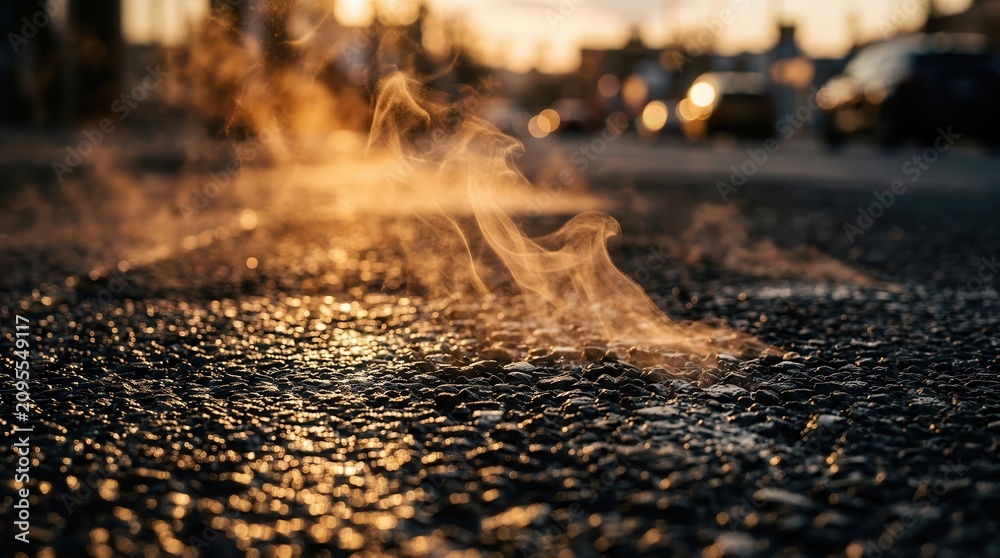 Obraz premium Steam rising from hot asphalt road under glowing evening light.