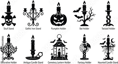 Collection of decorative candle icons featuring spooky gothic silhouettes design