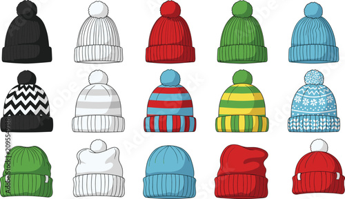Foto Winter knit beanie hat illustration set featuring colorful wool caps with pom po