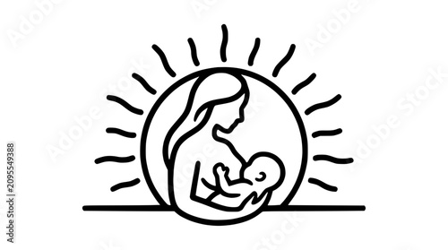 Konstfotografi Mother breastfeeding baby icon, line art, sun rays, motherhood symbol, nurturing