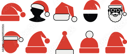 Tableau sur toile Set of Santa hats and festive Christmas character icons in simple red silhouette style for holiday, winter, celebration, and seasonal graphic design projects