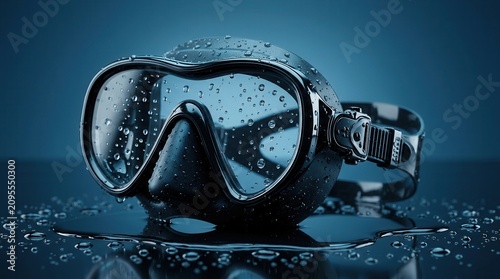 Close-up of a black diving mask with water droplets on a blue background.