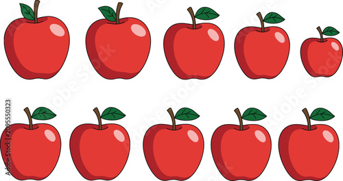 Obraz na płótnie Set of ten red apples arranged in rows, showing size variation and uniformity, i