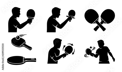 Table Tennis Player Silhouettes, Ping Pong Action Poses, Sports Icons Set, Vector Graphics for Game Promotion
