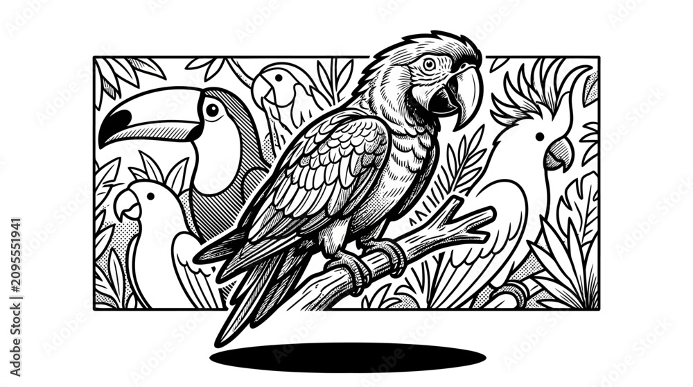 Obraz premium Exotic tropical birds toucan parrot woodcut.