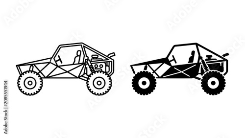 Obraz na płótnie Off-Road Buggy Icons: Two minimalist line art icons depicting a buggy, one in outline and the other in solid black, showcasing a rugged off-road vehicle