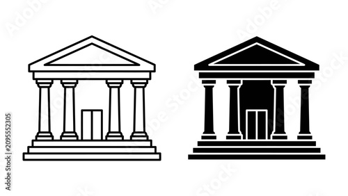 Ancient Greek Temple Icons: Two stylized illustrations of a classical Greek temple, one in outline and one in solid black, represent ancient architecture and historical significance.