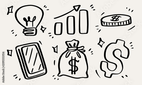 Business and finance doodle element vector set. Hand drawn financial chart, money bag, dollar symbol, coin, and mobile phone line art. Idea bulb graphic concept.