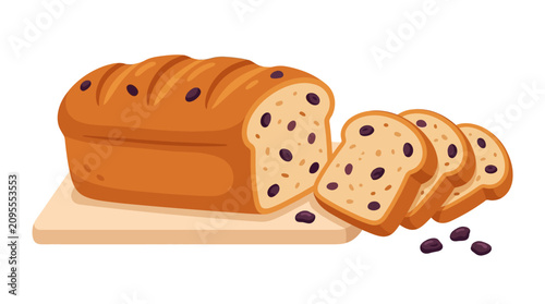 Delicious baked loaf of bread with raisins, sliced on a wooden cutting board, with a few loose raisins scattered around, perfect for breakfast or a snack