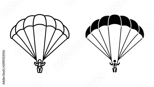 Schilderij op canvas Parachute Descent Icons: A pair of simplified line art icons depicts a skydiver descending under an open parachute