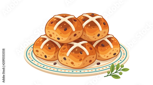 Delicios Easter Hot Cross Buns adorned with white icing crosses on a decorative plate with subtle green foliage accent