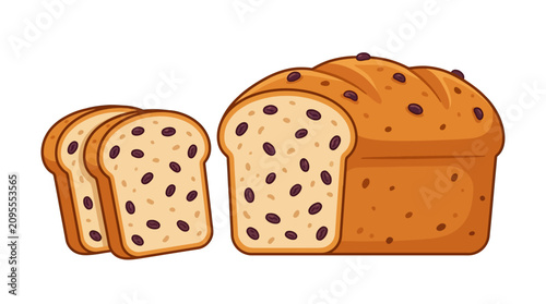 Freshly Baked Sliced Raisin Bread Loaf Illustration Isolated on White Background