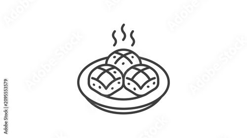 Minimalist black and white line art icon of three fresh hot cross buns served on a ceramic plate with steam