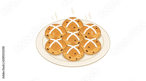 Freshly baked hot cross buns steaming on a plate vector illustration