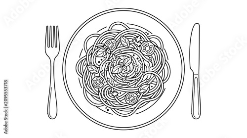 Minimalist line art illustration of a plate of spaghetti pasta with basil tomatoes fork and knife