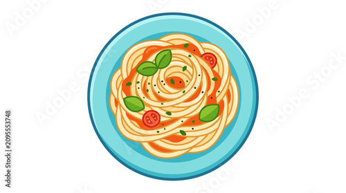 Classic spaghetti dish vector illustration, featuring a plate of pasta with rich tomato sauce, fresh basil, and ripe cherry tomatoes, perfect for culinary concepts and food designs