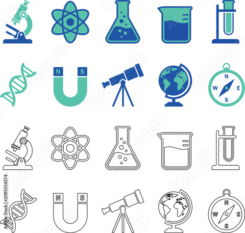 Science and research icons set biology chemistry physics and geography illustrations
