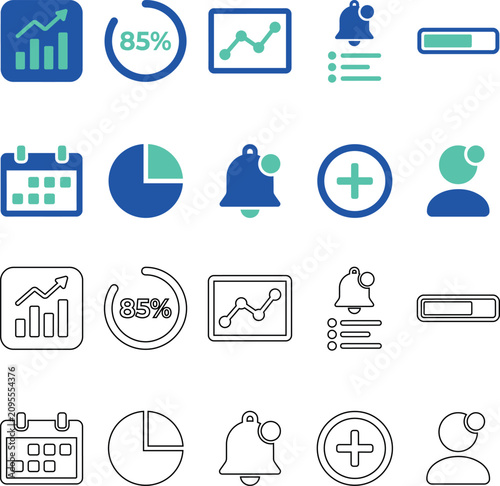 Business data analytics icons set charts notifications and management tools
