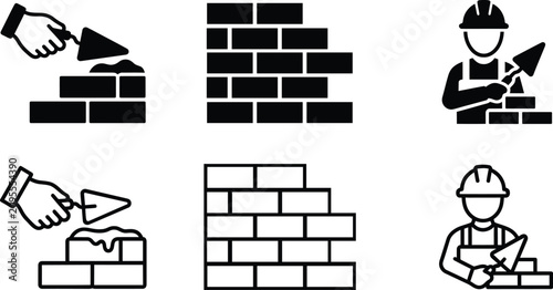 Tableau sur toile bricklayer icons showing construction worker laying bricks with trowel