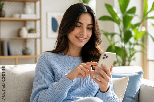 Young woman using smartphone while sitting on living room sofa