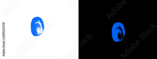 Fotografi Bright Blue Swirled Fingerprint on White and Black Split Background
