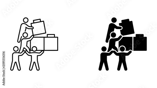 Teamwork Concept: A graphic illustration in outline and solid black, depicting a group of people forming a human pyramid to carry and stack boxes, symbolizing cooperation and shared effort.