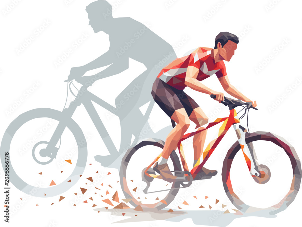 Fototapeta premium Low poly geometric illustration of a male mountain biker riding a bicycle isolated on white background