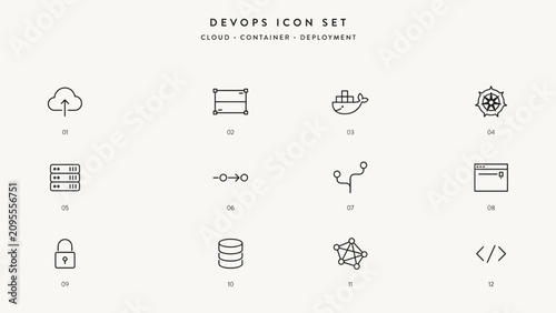 Monochrome container deployment and cloud technology icons – Suitable for data centers, microservices architecture, or IT engineering.