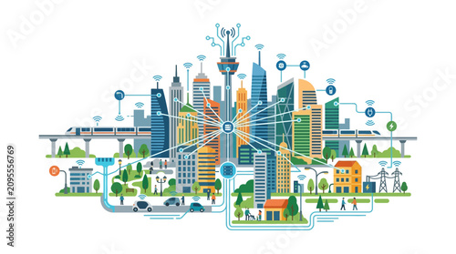 Canvas Print Smart City Network Illustration: Futuristic Urban Technology and Connectivity