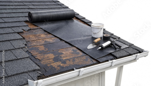 Roof underlayment installation on shingled residential roof edge transparent background