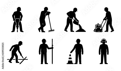 Fotografie Construction Worker Silhouettes, 8 Icons Set: Pavement, Jackhammer, Sweeping, Po