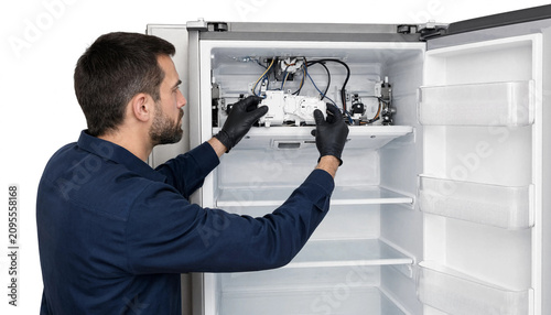 Technician repairing open refrigerator with exposed internal components transparent background