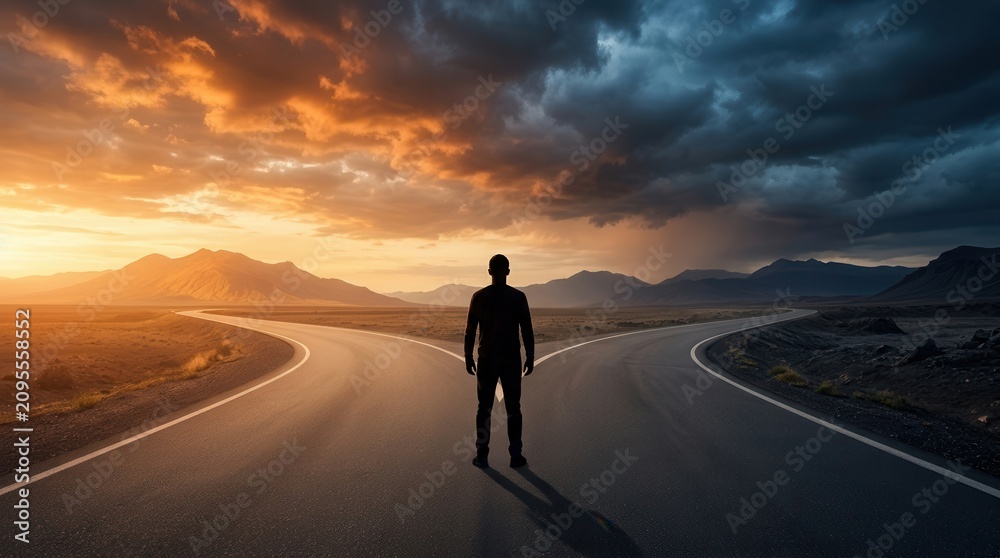 Obraz premium A man standing at a crossroads facing the concept of choices and decision making.