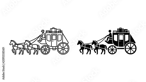 Horse-drawn Carriage: A detailed illustration of a horse-drawn carriage, featuring multiple horses pulling a luxurious coach laden with luggage, presented in both line art and silhouette.