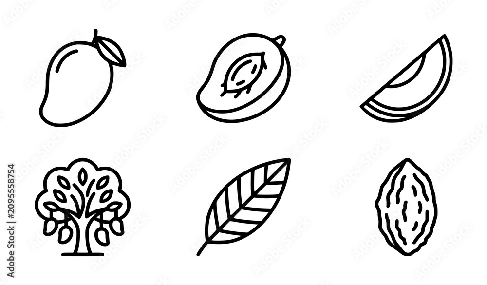 Fototapeta premium Mango Fruit Agriculture and Tropical Orchard Harvesting Line Icon Set with Whole Fruit, Sliced Half, Wedge Piece, Tree, Leaf, and Seed Pit Symbols