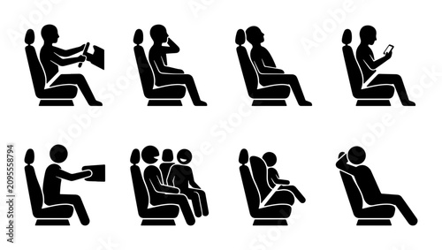 Diverse Human Poses in Car Seats, Vector Icons Set: Driving, Talking, Relaxing, Using Phone, Child Safety, Group Travel, Passenger Comfort