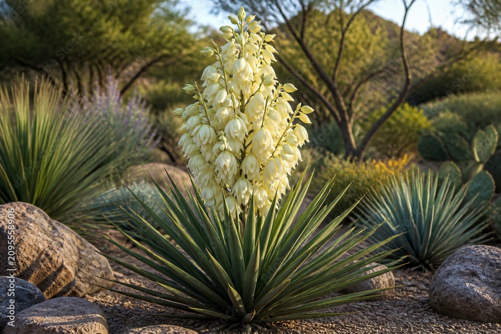 Fototapeta premium Yucca plant flowering among desert agave and rocky terrain