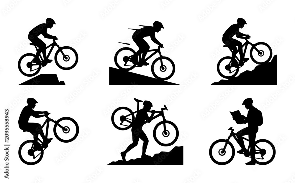 Obraz premium Mountain Biking Silhouette Icons Set, Extreme Sports Rider Action Vector Graphics, Cycling Adventure Lifestyle Collection