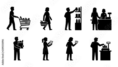Foto Grocery Shopping Icons, Retail Store Silhouettes, Supermarket Activity Set, Comm