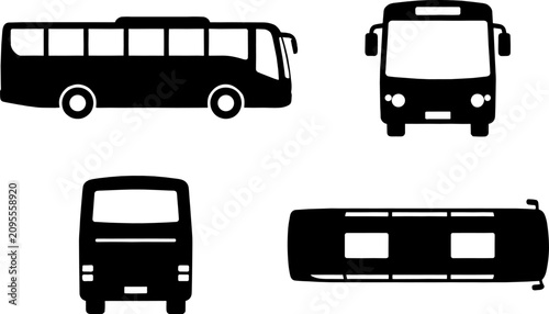 Set of black passenger coach bus silhouettes in side, front, rear, and top views for transportation design