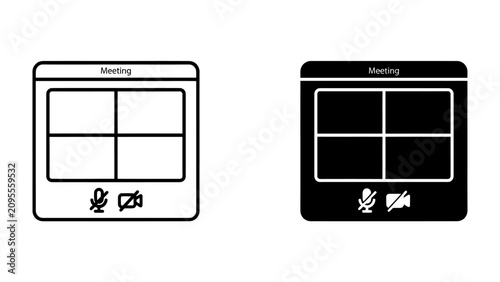 Video Conference Interface: Two simplified vector illustrations of a video conferencing window, one in outline and one in solid black.
