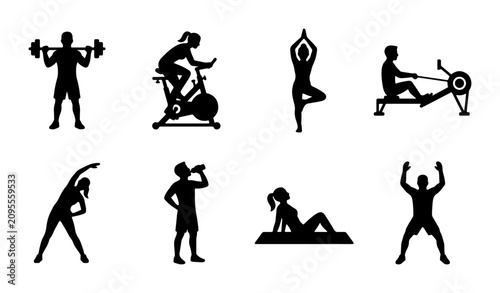 Bild auf Leinwand Fitness Icons Set, Silhouette Vector Graphics for Gym, Yoga, Cardio, and Weightl
