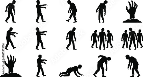 Zombie apocalypse silhouettes, walking dead, monster attack, undead creatures.