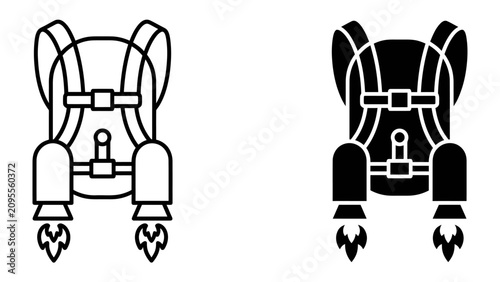 Jetpack Icon: A simple and clear graphic representation of a jetpack, presented in both outline and solid black versions, ready for futuristic travel or adventure.