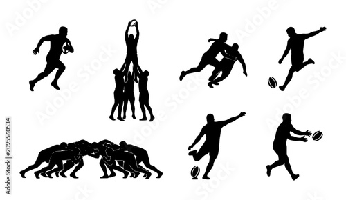 Bild auf Leinwand Rugby Player Silhouettes, Dynamic Sports Action Vector Set: Running, Tackling, K