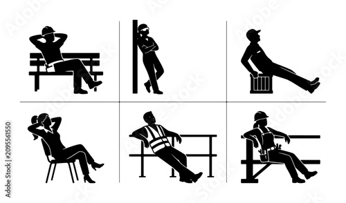 Fotografie Relaxation Icons Set, Rest and Break Silhouettes, Casual Poses Vector Collection