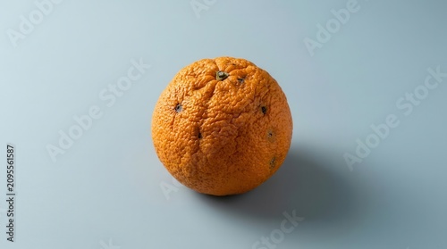 Wrinkled orange fruit on a plain background showing food waste and spoilage.