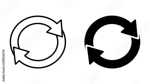 Photography Circular Arrows Icon: Two circular arrows, one outlined and one solid black, symbolize the concept of refresh, repeat, or loop, commonly used in digital interfaces and design